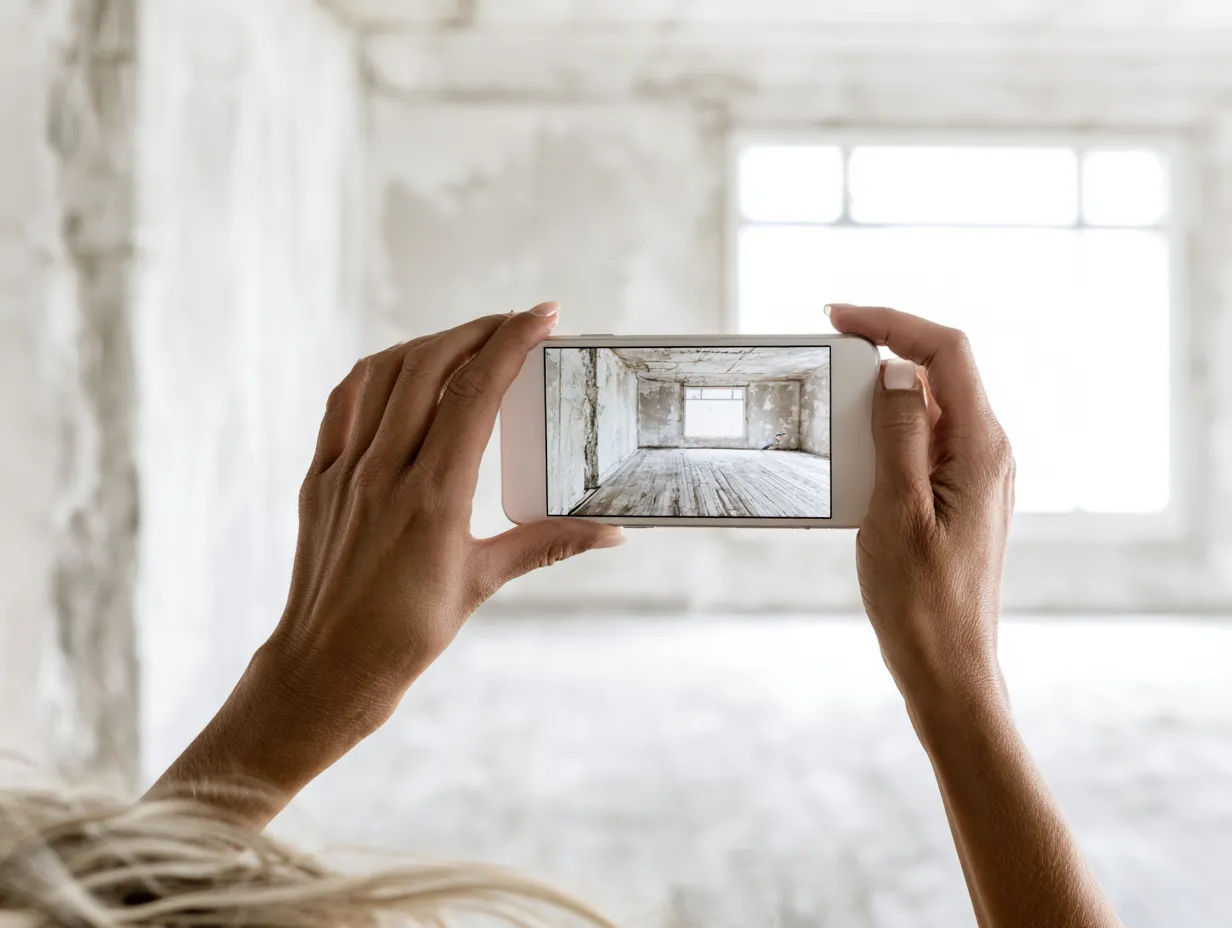 Smartfon trzymany poziomo podczas fotografowania jasnego wnętrza