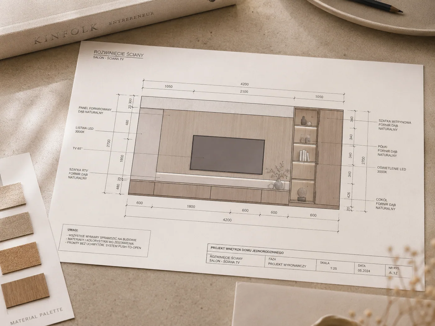 fragment dokumentacji technicznej projektu wnętrza z wymiarami ściany