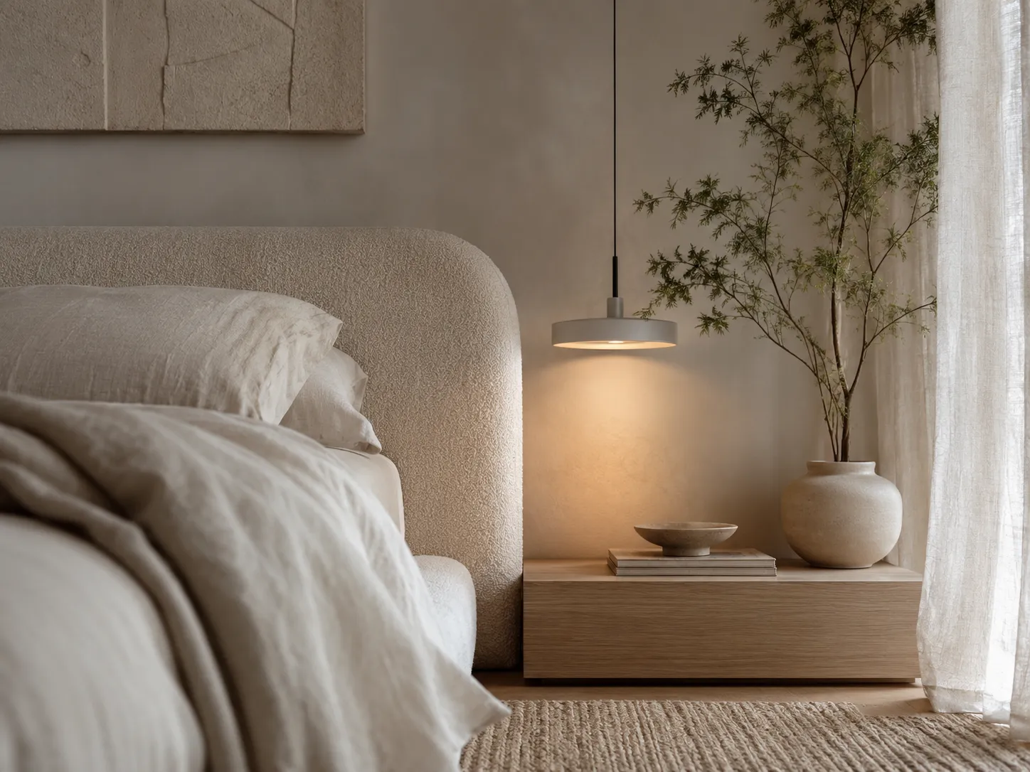 drewniany stolik nocny z ceramiczną lampką w stylu japandi