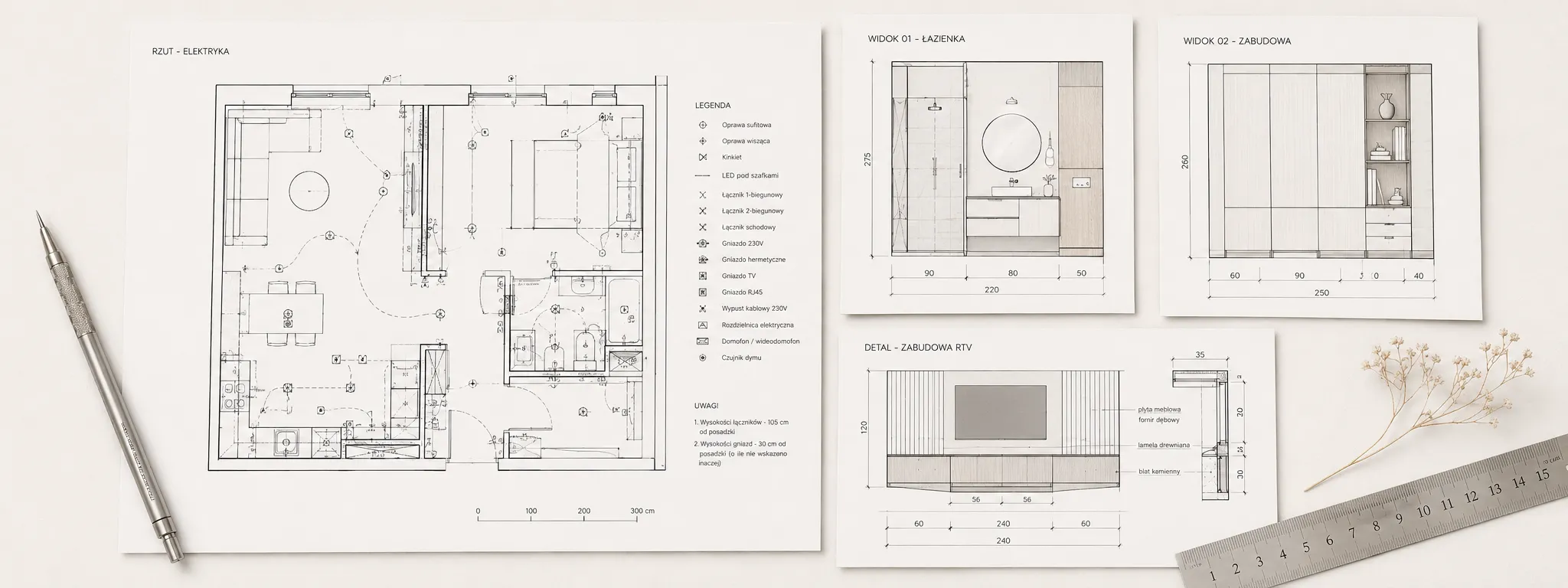 rysunki techniczne do projektu wnętrza