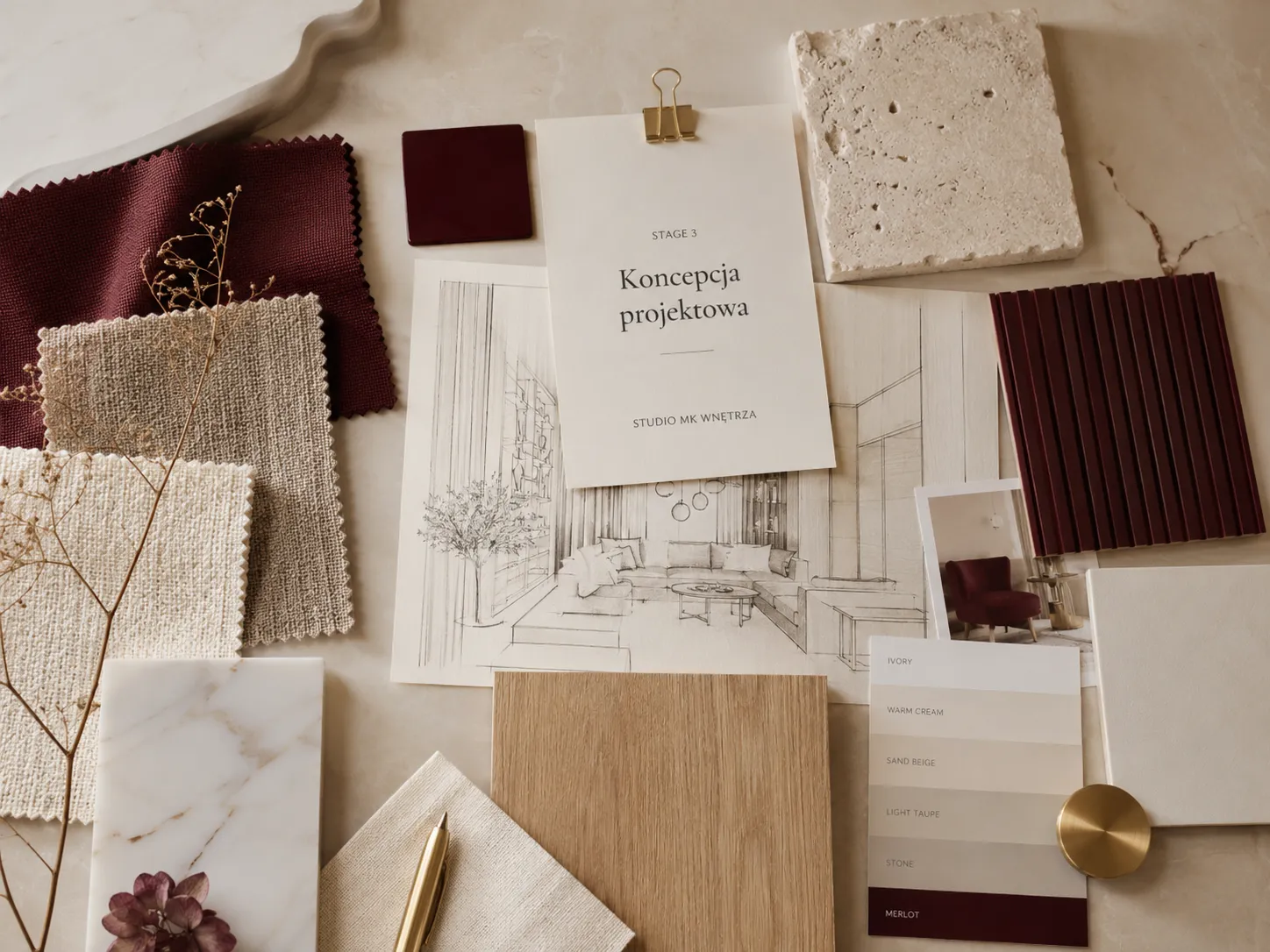 koncepcja projektowa — moodboard materiałów i paleta kolorów